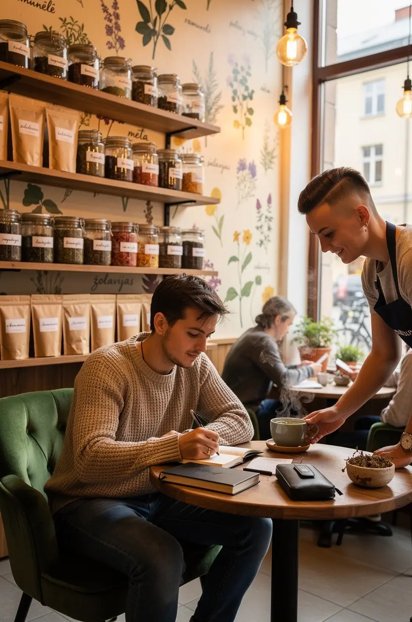 Arbatos puodelis ant medinio stalo su vaistažolių lapais šalia, simbolizuojantis ramybės ir natūralios sveikatos tradicijas.